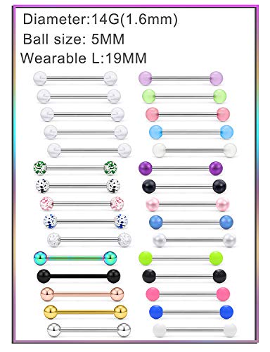 Prjndjw 14G, 16/19/22mmL, 25/30PCS, 5mm Ball Barbell Tongue Ring. Surgical Steel Nipple Piercing Vemom/Glow in The Dark/Created Pearl/Body Jewelry for Woman Unisex - color: 3/4in(19mm)