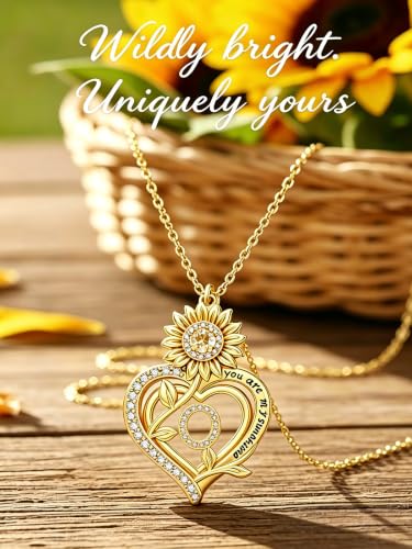 14K Gold Sunflower Initial Necklaces for Women | Heart Letter Pendant You Are My Sunshine Jewelry Gifts - style: O