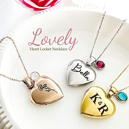 Twenty&Sixty Personalized Heart Locket Necklace for Women, Girl, Kids, Holds Pictures, Birth Flower Personalized & Engraved Picture Locket Necklace Gold/Silver/RoseGold