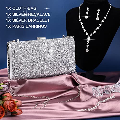 Mixweer 4 Pieces Clutch Purses Bag for Women Evening Rhinestone Jewelry Set Bling Necklace Earrings Bracelets Set for Wedding - style: Modern Style