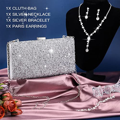 Mixweer 4 Pieces Clutch Purses Bag for Women Evening Rhinestone Jewelry Set Bling Necklace Earrings Bracelets Set for Wedding - style: Modern Style