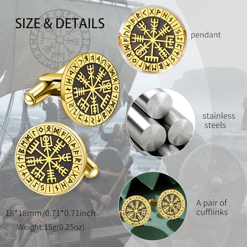 Mens Cufflinks, Norse Viking Tuxedo Cuff Links, Stainless Steel Viking Compass Vegvisir Rune Shirt Studs Mythology Jewelry Gift for Business Wedding - color: Compass-G