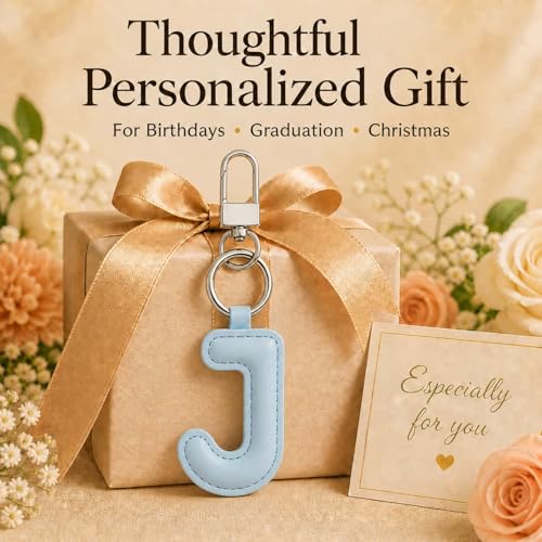 Initial Letter Keychain,Stainless Steel,Colorful Faux Leather Keyring for Backpack,Purse,Car Keys,Gift for Men Women - color: J