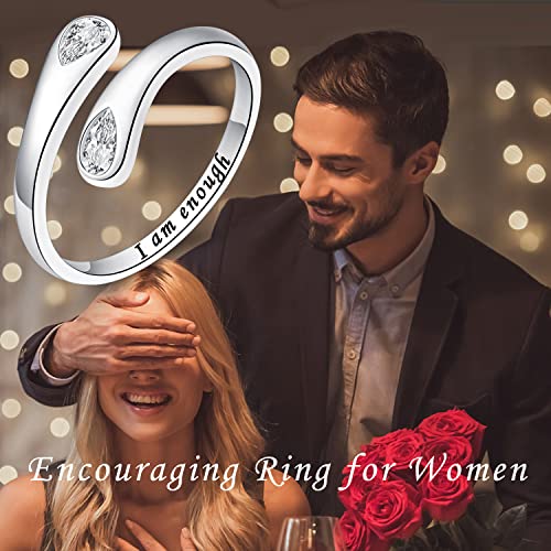 Fookduoduo 925 Sterling Silver Ring Inspirational Jewelry adjustable Wrap Open Rings for Women - style: I am enough Stlye 2