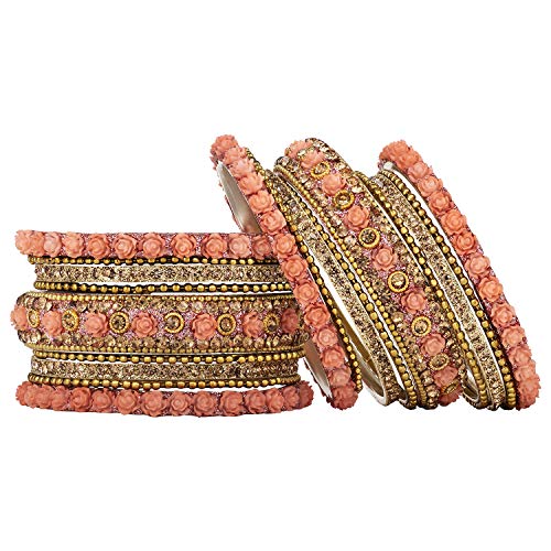 Aheli Ethnic Metal Bangles Chudha Set Stone Studded Bangle Set Indian Wedding Wear Fashion Jewelry Gift for Women Blue - color: Peach