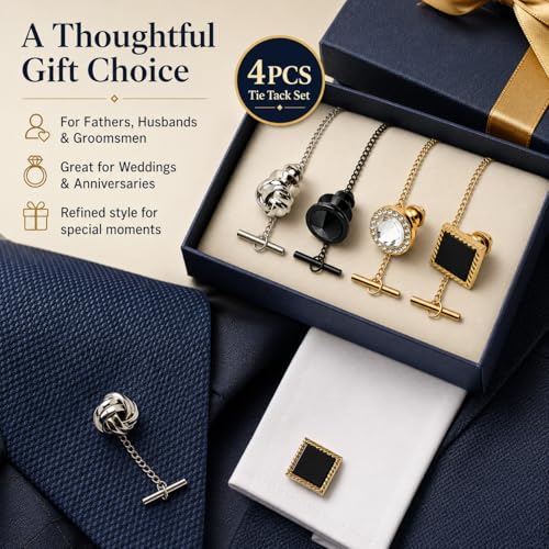 4 Pcs Tie Tack for Men, Tie Pin with Chain, Copper Tack Clutch, Suit Accessories Regular Tie Chain Necktie Lapel Pins for Business Hat Wedding Birthday(Gold/Silver/Black)