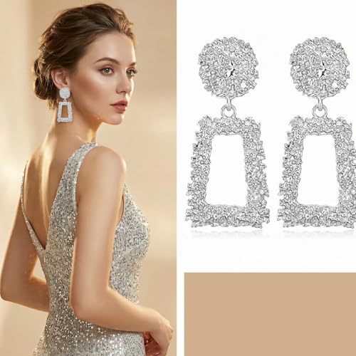 Clip on Earrings for Women, Big Statement Geometric Earrings Large Shiny Drop Dangle Earrings Non Pierced (Gold/Silver/Hot Pink) - color: Silver