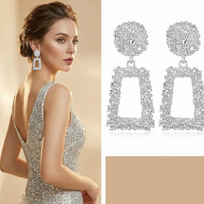 Clip on Earrings for Women, Big Statement Geometric Earrings Large Shiny Drop Dangle Earrings Non Pierced (Gold/Silver/Hot Pink) - color: Silver