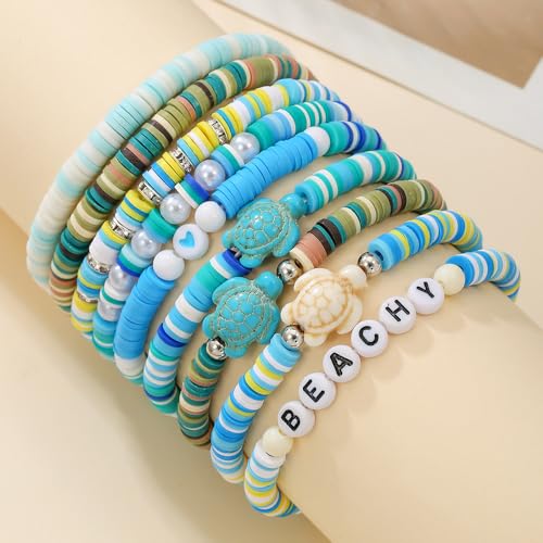 Shell Starfish Bracelet Seahorse Conch Starfish Sea Shell Pearls Charm Stone Bracelet Statement Bohemian Sea Themed Beach Jewelry for Women - color: Set C