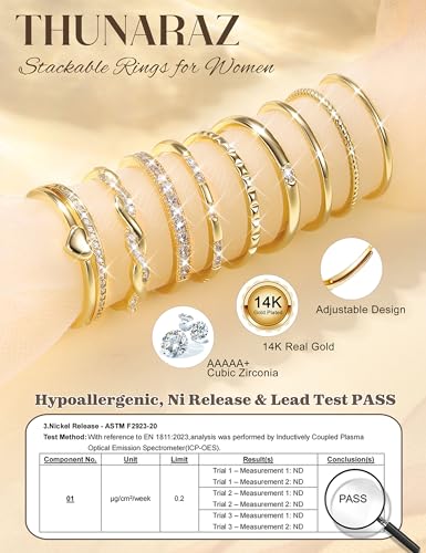 THUNARAZ 9Pcs Gold Stackable Rings for Women Non Tarnish Adjustable Rings | 14k Gold Plated,Open Adjustable Rings Set,Stack,CZ Thumb Ring,Statement Band Ring,Engagement Wedding Jewelry,Waterproof - color: Gold Tone