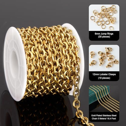 UMAOKANG Gold Cable Chain for Jewelry Making Stainless Steel Bulk Chains | 5 Meters Permanent Jewelry Chains Diamond Cut PVD Gold Plating Link Chain on Spool with Jump Rings Lobster Clasps - color: 1.6 Gold Cable