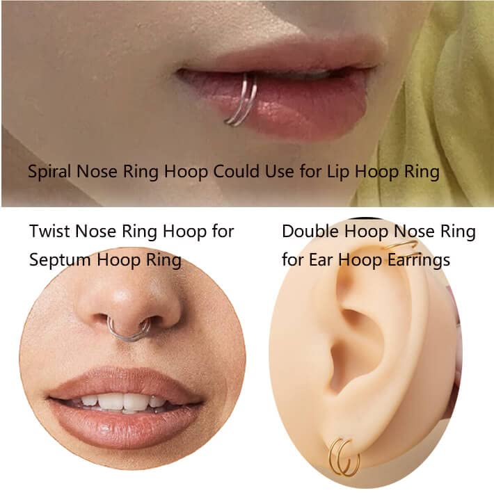 Renkovte Double Nose Ring for Single Piercing,20G Snug Spiral Nose Rings Hoops 8mm Thin Nose Piercing Jewelry for Women - style: Left Side 4PCS 8mm