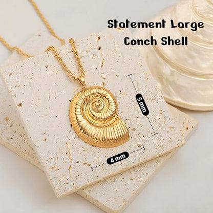 18k Gold Plated Chain Link Necklace for Women, Baroque Pearl/Compass Pendant Necklace - color: Nautilus shell