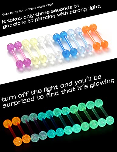 Oufksiyy 14G 16mm 14mm Glow in Dark Flexible Acrylic Straight Tongue Rings Plastic Nipple Ring Retainer Body Piercing Jewelry for Women Men 24PCS(12Pairs 14 Gauge Piercings - color: 14G-14mm(9/16INCH)-Barbell