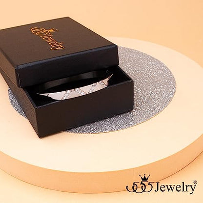 555Jewelry Womens Sparkling Cubic Zirconia Secure Hinge Lock Bangle Stainless Steel Bracelet - color: Silver Style 2