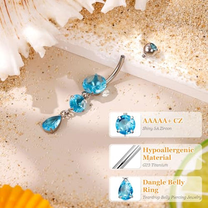 14G G23 Titanium Dangle Belly Button Ring for Women Dangling Navel Rings Hypoallergenic Teardrop Shiny CZ Belly Ring Internally Threaded Navel Piercing Jewelry - color: Blue