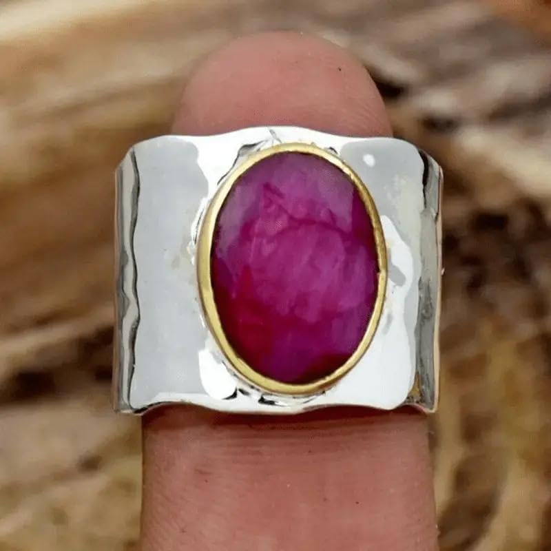 Fashion Oval Pink Synthetic Gemstone Two Tone Wide Ring for Women Party Festival Punk Personality Jewelry - color: silver & gold