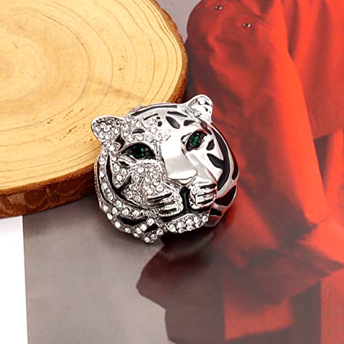 Rhinestone Tiger Head Brooch Pins.Gold Silver Animal Lapel Pin,Charm Lion Coat Collar Brooch for Men Suit Pin - color: Silver