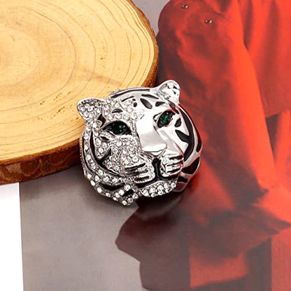 Rhinestone Tiger Head Brooch Pins.Gold Silver Animal Lapel Pin,Charm Lion Coat Collar Brooch for Men Suit Pin - color: Silver