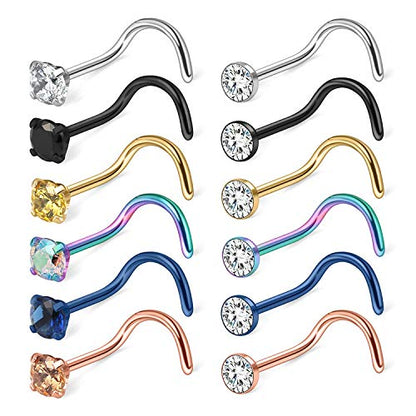 Cisyozi 18G 20G 22G Nose Rings and Studs - 316L Surgical Steel Hypoallergenic Piercing Jewelry for Women Men - L Shaped Straight Nostril Screw - Diamond CZ 1.5mm 2mm 2.5mm 3mm 12Pcs - style: Screw-18G-CZ 1.5mm
