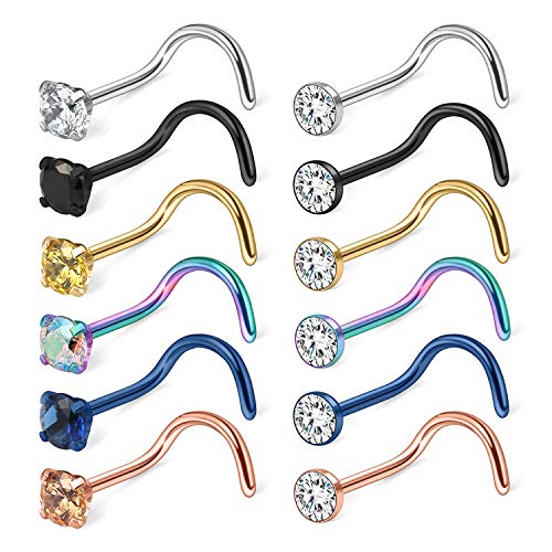 Cisyozi 18G 20G 22G Nose Rings and Studs - 316L Surgical Steel Hypoallergenic Piercing Jewelry for Women Men - L Shaped Straight Nostril Screw - Diamond CZ 1.5mm 2mm 2.5mm 3mm 12Pcs - style: Screw-18G-CZ 1.5mm