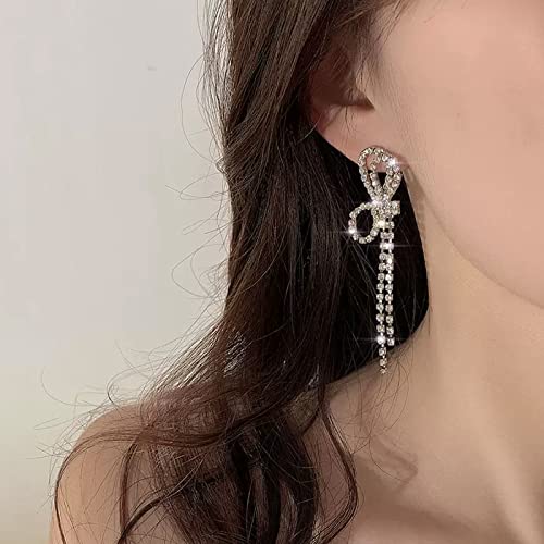 Luxval Rhinestone Earrings Dangling for Women Sparkly Silver Dangle Earrings Girls Long Chandelier Earrings Tassel Lightweight Ear Studs Cubic Zirconia Crystal Statement - color: Silver-Bow-knot Earrings