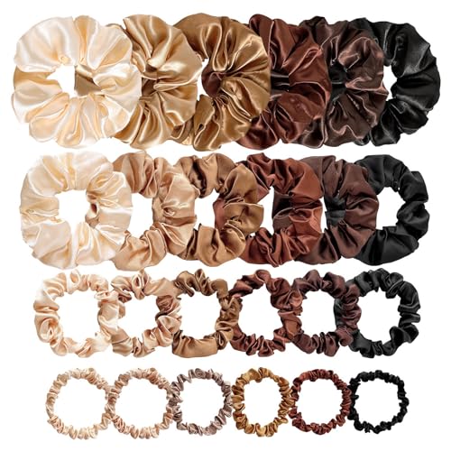 4 Sizes Satin Hair Scrunchies, No Crease Soft Hair Ties for Women Girl Teen | Small and Large Ponytail Holder, No Damage Hair Elastic Accessories for All Hair, Wake Up Frizz-Free, 24Pcs 6 Neutral Colors