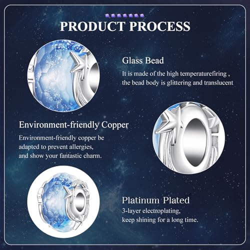 Celestial Bead Charms for Bracelets, Star Moon Dreamcatcher Dangle Charms, Silver Tone Copper, Glass Resin CZ Accents, Charm Beads for Women Jewelry Making, Gift Box Included - color: Blue Meteor Glass Bead Charm