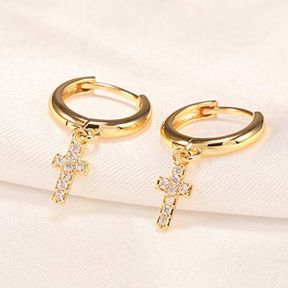 XYJZXY Gold Huggie Small Hoop Earrings with Charm Personalized Snake/Evil Eye/Star/Cross/Lock/Key 18k Gold Plated Crystal Drop Dangle Earrings for Women - style: Cross