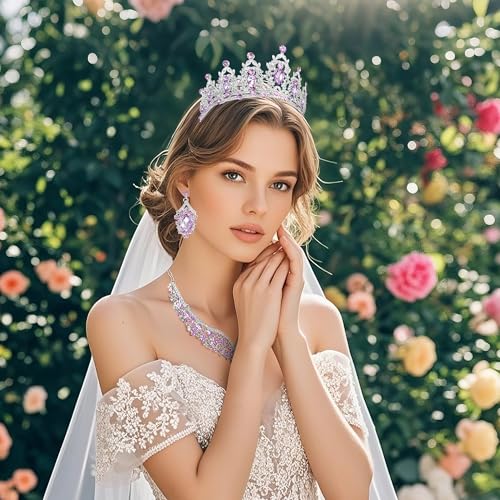Crowns and Tiaras jewelry sets for Wedding princess birthday party Halloween Prom Pageant Jewelry for Women Crystal Bridal Jewelry Set for women - color: Silver purple