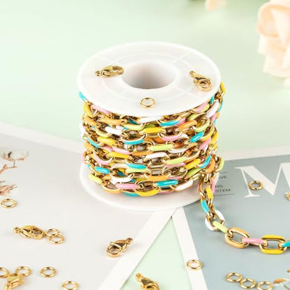 UMAOKANG 2 Yard Gold Plated Stainless Steel Chain Bulk for Jewelry Making | Colorful Enamel Paperclip Chain Roll Chunky Paper Clip Link Chain with Jump Rings and Lobster Clasps - color: Light Colorful