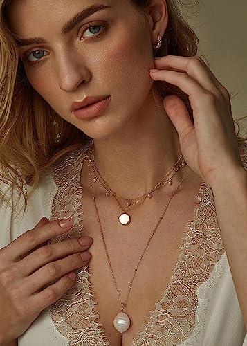 18k Gold Plated Chain Link Necklace for Women, Baroque Pearl/Compass Pendant Necklace - color: Long Pearl