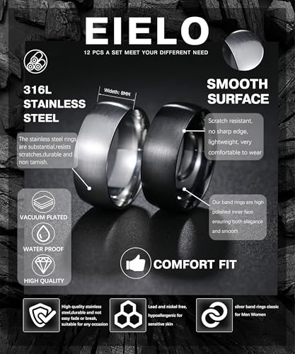 EIELO Stainless Steel Rings for Men Wedding Ring Cool Simple Band 8MM Width 12 Pcs A Ring Set Size 7-12