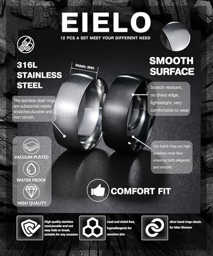 EIELO Stainless Steel Rings for Men Wedding Ring Cool Simple Band 8MM Width 12 Pcs A Ring Set Size 7-12