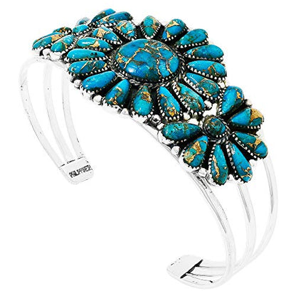 Southwest Style Genuine Gemstones 925 Sterling Silver Cluster Bracelet - color: Teal/Matrix Turquoise