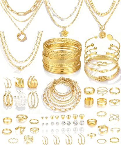 17 MILE 78 Pieces Gold Jewelry Set for Women, 9 Necklace, 24 Bracelet, 22 Earrings, 23 Knuckle Rings Gold Plated Jewerly set for Women Gift - color: gold Jewelry Set-chunky