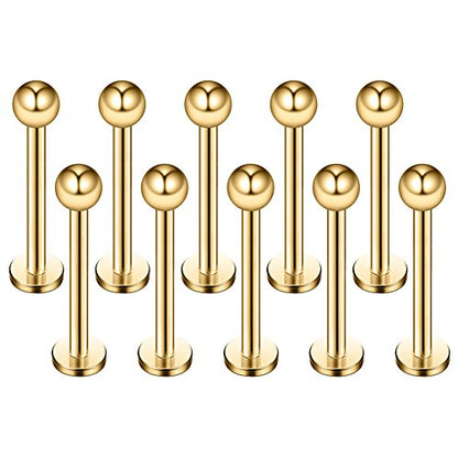 16G 316L Stainless Steel 3mm Ball Labret Monroe Lip Ring Tragus Helix Cartilage Earring Stud Barbell Bar Length 6mm 8mm 10mm 12mm Body Piercing Jewelry - color: Gold, size: 10MM