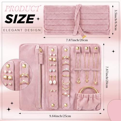 Tondiamo 1 Pcs Velvet Jewelry Roll Luxury Travel Jewelry Case for Ring Necklace Earring Bracelet Storage Bag Women Bridesmaid Gift (Pink) - color: Pink