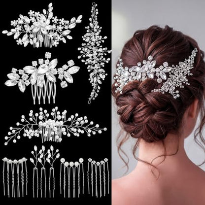 Maitys 44 Pieces Wedding Hair Accessories Faux Pearl Crystal Comb Clips U-shaped Flower Rhinestone Silver Pearl Hair Pieces for Prom Bride Bridesmaid(Elegant Style) - style: Elegant Style