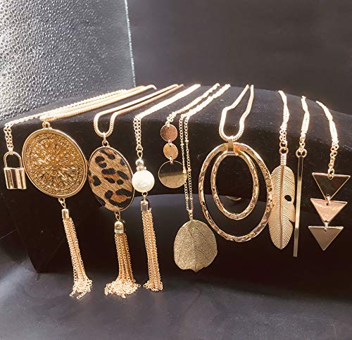 10Pcs Long Pendant Necklace Simple Moon Bar Three Triangle Tassel Lock Sweater Y Shape Punk Chain Choker Necklace for Women Men Gold Silver Plated - style: C:10Pcs Gold Tone