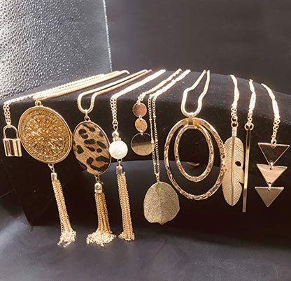 10Pcs Long Pendant Necklace Simple Moon Bar Three Triangle Tassel Lock Sweater Y Shape Punk Chain Choker Necklace for Women Men Gold Silver Plated - style: C:10Pcs Gold Tone