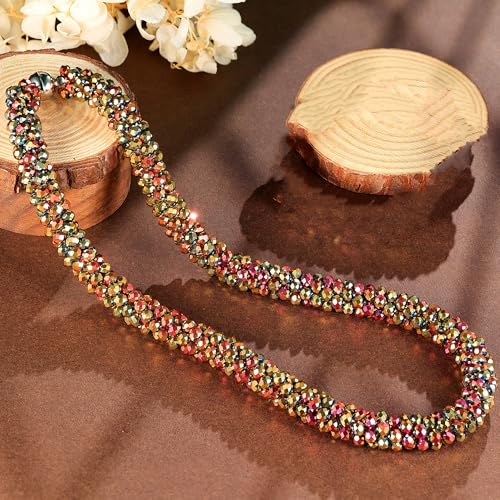 Hand Knotted Beads Statement Necklace Bracelet Jewelry Set Artificial Crystal Choker for Women- Handmade Beaded Strand Sparkly Faceted Crystal Rondelle-17inches, 30 Colors - color: Slivery
