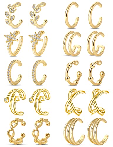 4-10 Pairs Stainless Steel Ear Cuff Helix Cartilage Clip On Wrap Earrings Fake Nose Ring Non-Piercing Adjustable - color: A6:10Pairs, Gold Tone