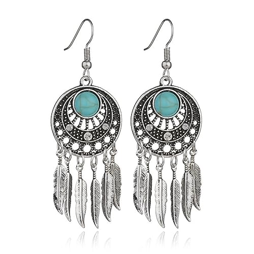 Dream Catcher Dangle Earrings for Women Retro Boho Style Metal Dangle Drop Earrings Vintage Bohemian Dream Catcher Statement Feather Dangle Tassels Turquoise Earrings Ethnic Feather Tassel Earrings Dream Catching Leaf Tassel Turquoise Earrings Jewelry - c
