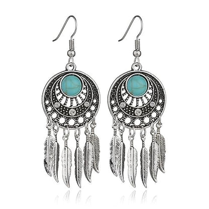 Dream Catcher Dangle Earrings for Women Retro Boho Style Metal Dangle Drop Earrings Vintage Bohemian Dream Catcher Statement Feather Dangle Tassels Turquoise Earrings Ethnic Feather Tassel Earrings Dream Catching Leaf Tassel Turquoise Earrings Jewelry - c