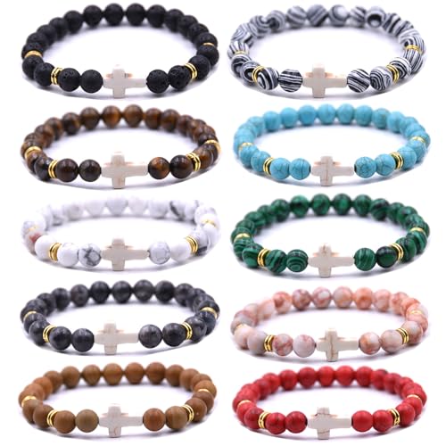 Beaded Bracelets Cross Bracelet for Women Men Lava Rock Turquoise Tiger Eye Natural Bracelet Anxiety Healing - color: 10Pcs- white cross