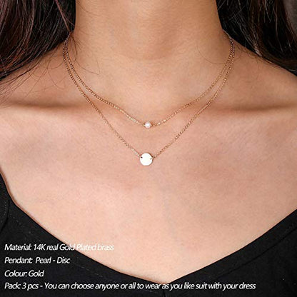 Turandoss Dainty Layered Choker Necklace, Handmade Y Pendant Necklace Multilayer Bar Disc Necklace Adjustable Layering Choker Necklaces for Women - style: 2PCS - simulated Pearl&Disc