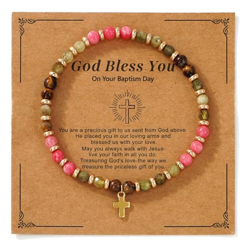 Christian Colorful Natural Gemstones Stone Seed Beaded Bracelets for women Men, Handmade Gold Cross Healing Crystal Jewelry, Lucky Amulet Faith Daily Party Friendship Holiday Gift - color: Pink Quartz