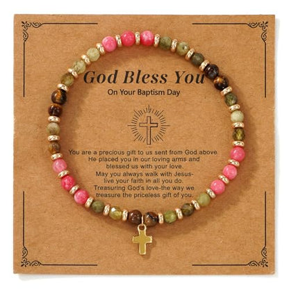 Christian Colorful Natural Gemstones Stone Seed Beaded Bracelets for women Men, Handmade Gold Cross Healing Crystal Jewelry, Lucky Amulet Faith Daily Party Friendship Holiday Gift - color: Pink Quartz