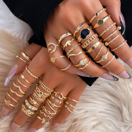 Golden Knuckle Rings Set for Women, 14k Golden Plated Open Stacking Knuckle Midi Rings Dainty Cubic Zirconia Crystal Simple Hollow Cute Rings Pack Jewelry Gifte - color: Golden 49PCS